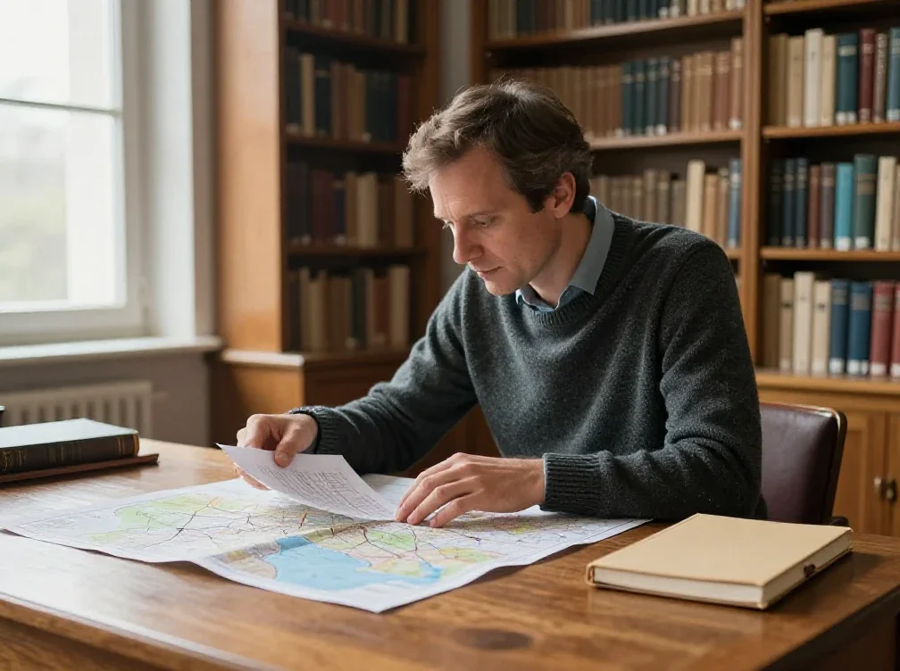 Homme s'instruit avec rigueur en consultant des ouvrages dans une bibliothèque calme.